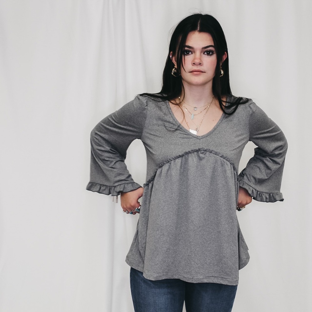 GREY RUFFLE BLOUSE NWT